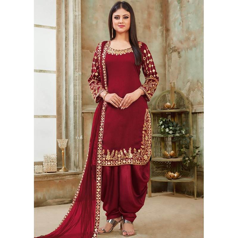 Maroon Art Silk Mirror Work Patiala Suit