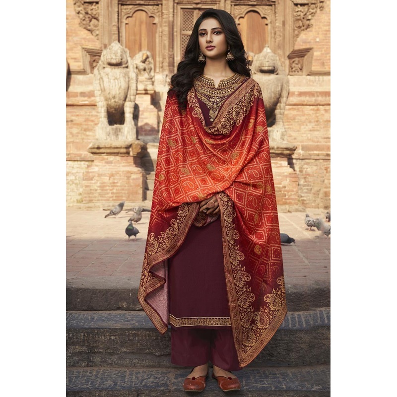 Maroon Chiffon Embroidered Festive Palazzo Suit