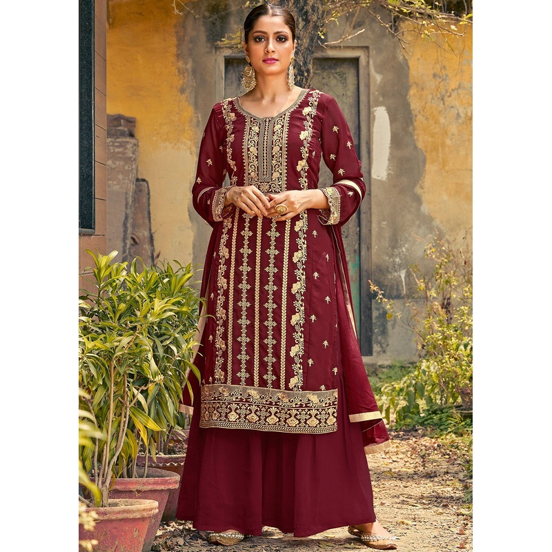 Maroon Designer Georgette Palazzo Suit