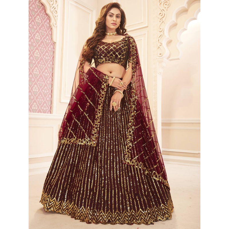 Maroon & Golden Sequins Embroidered Wedding Lehenga Choli