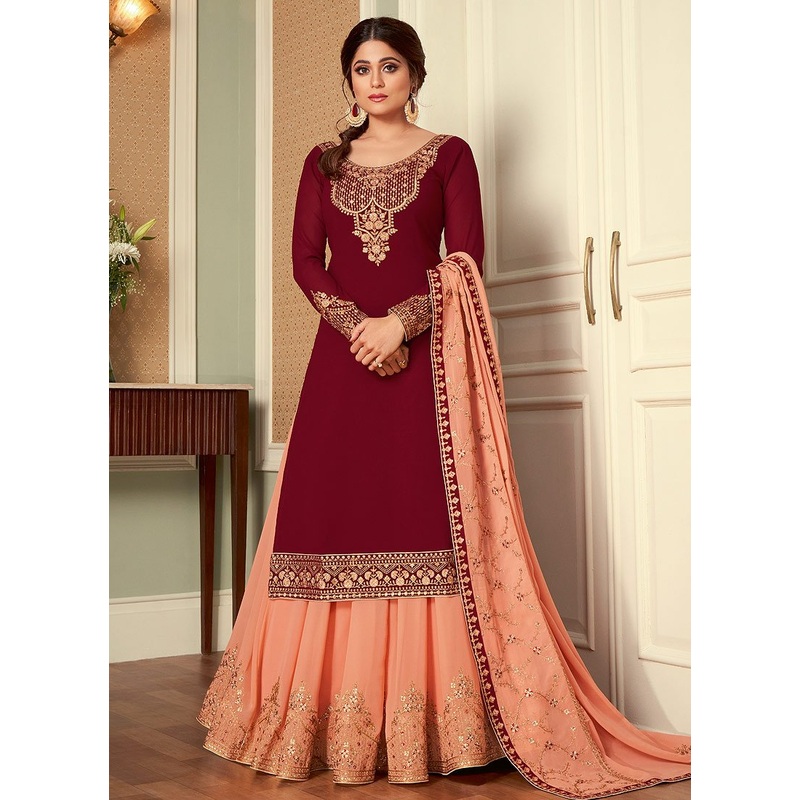 Maroon Lehenga Suit featuring Shamita Shetty