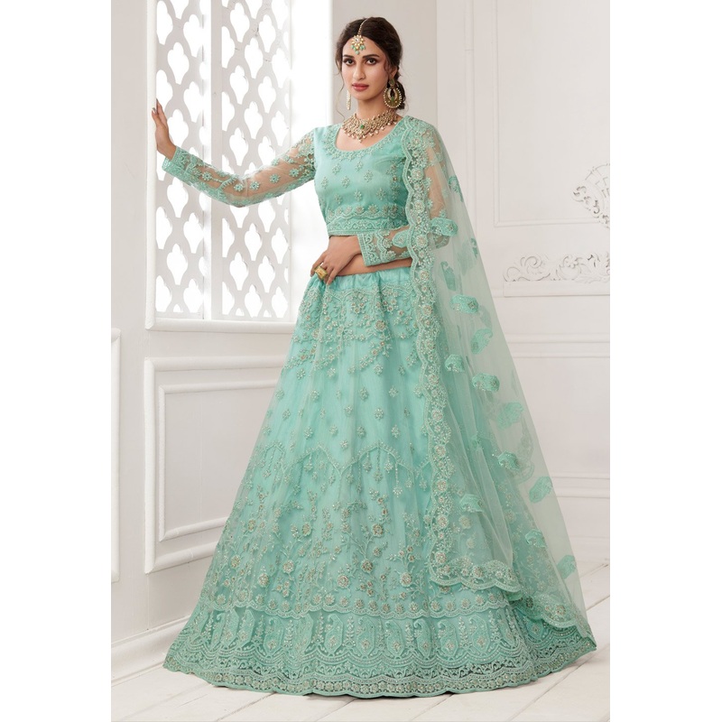 Mint Blue Net Embroidered Wedding Lehenga Choli