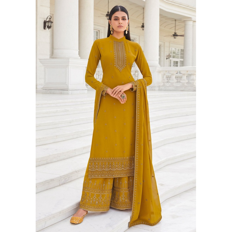Mustard Yellow Zari Embroidered Flared Palazzo Suit