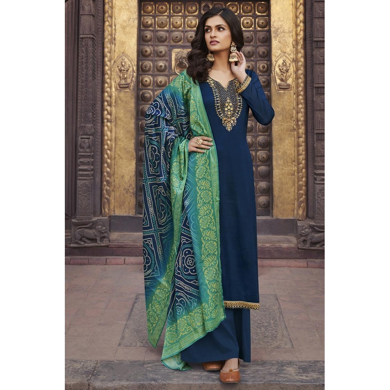Navy Blue Chiffon Embroidered Festive Palazzo Suit