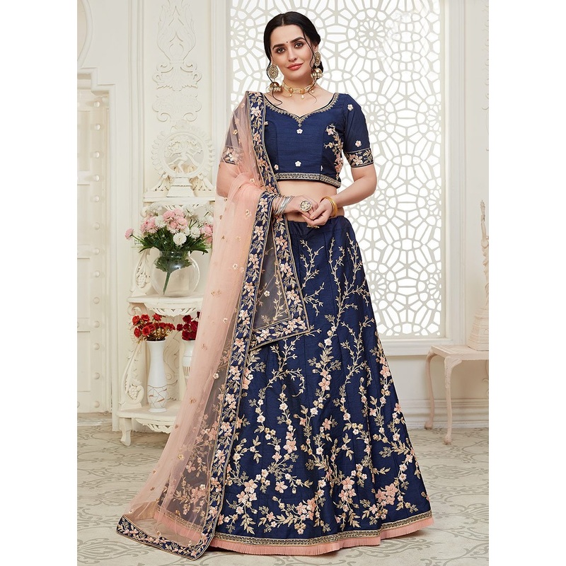 Navy Blue Floral Embroidered Art Silk Lehenga Choli