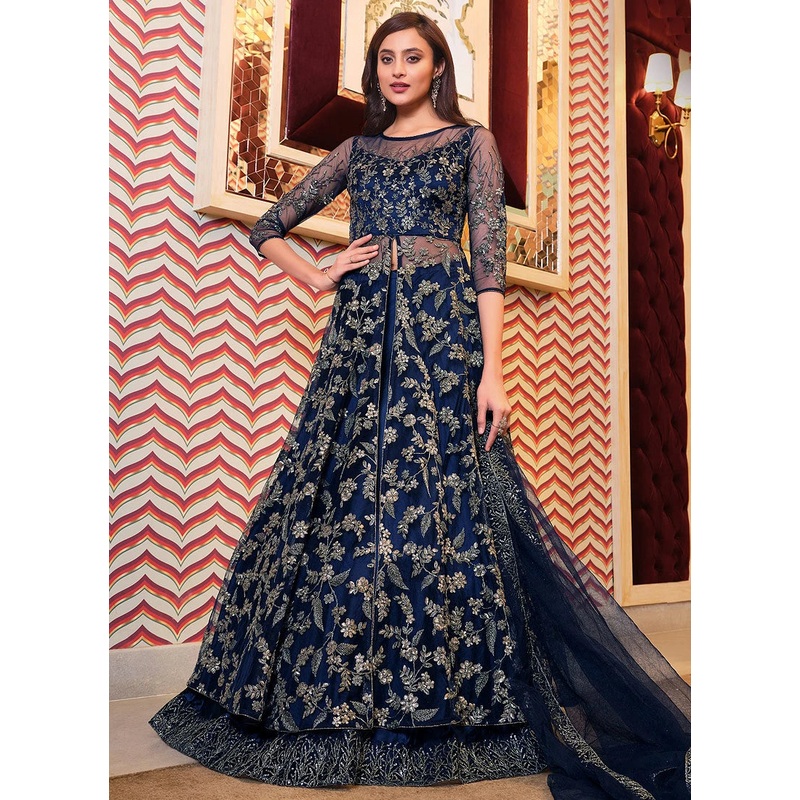 Navy Blue Lehenga Style Sequins Embroidered Anarkali Suit