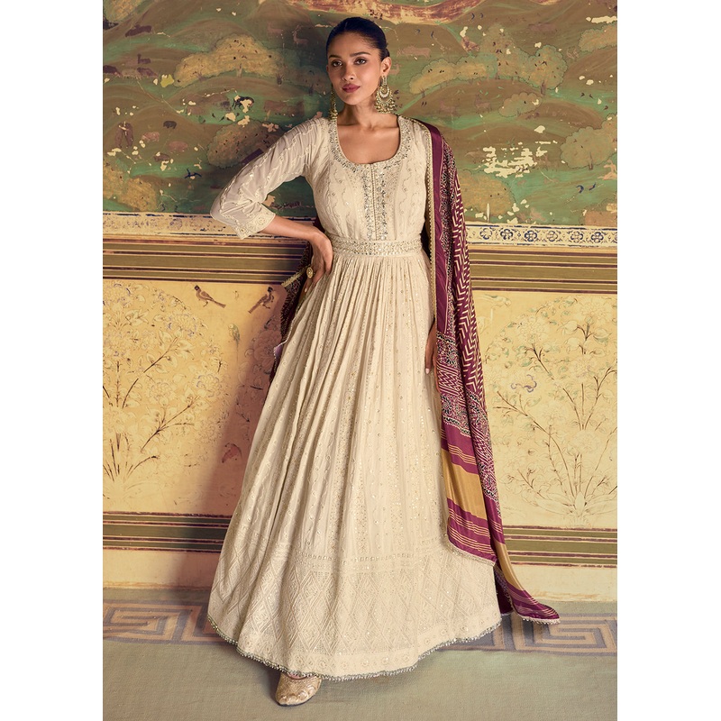 Off White Heavy Chikankari Embroidered Wedding Anarkali Gown