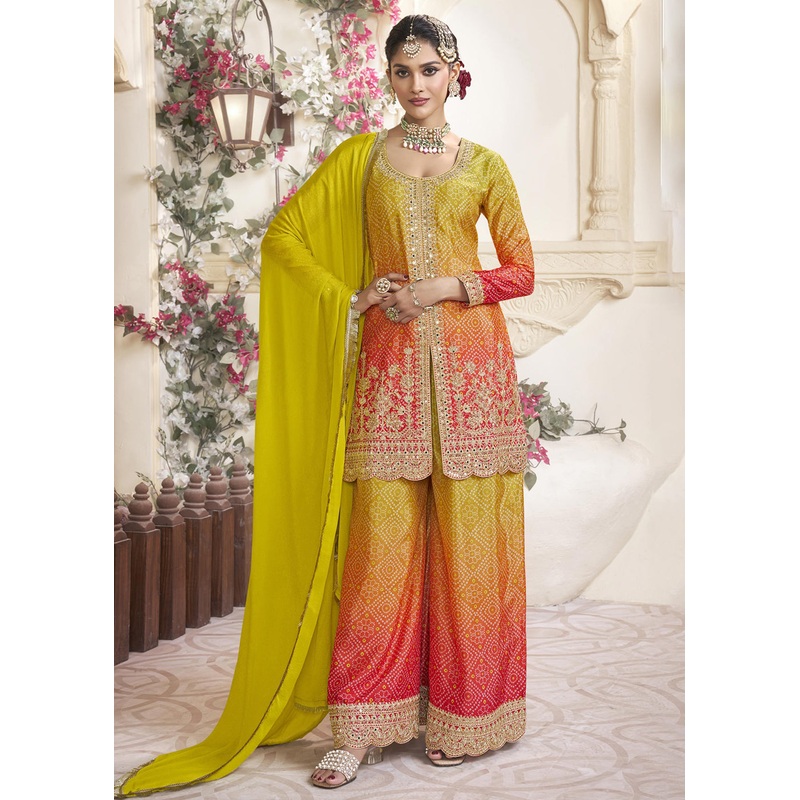 Orange Ombre Pure Chinnon Wedding Festive Palazzo Suit