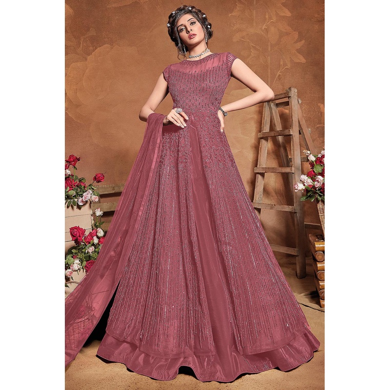 Outstanding Pink Net Embroidered Floor Length Anarkali Suit