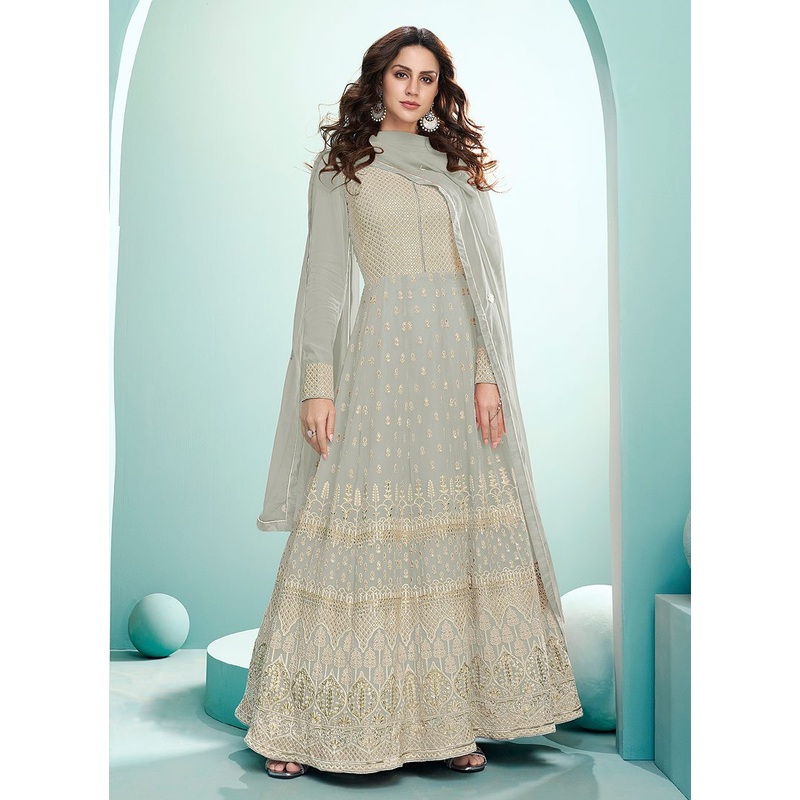 Pale Grey Georgette Chikankari Embroidered Anarkali
