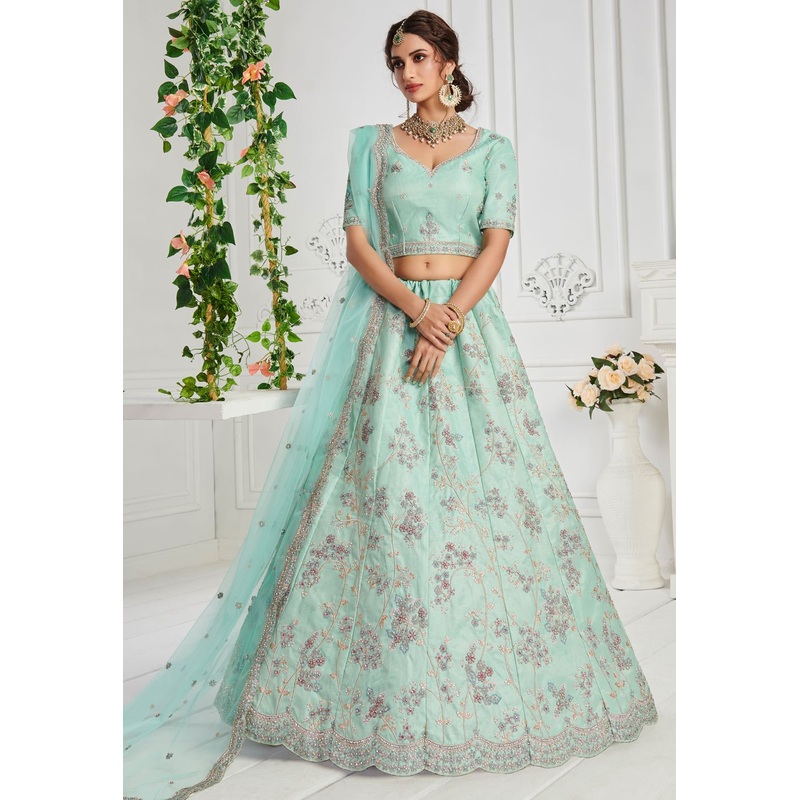 Pale Turquoise Sequins Embroidered Silk Bridal Lehenga Choli