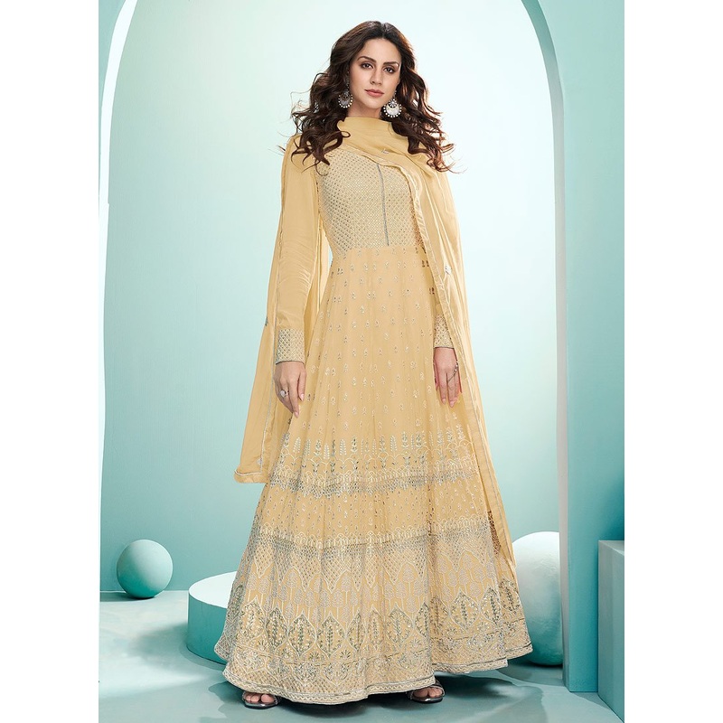 Pale Yellow Georgette Chikankari Embroidered Anarkali