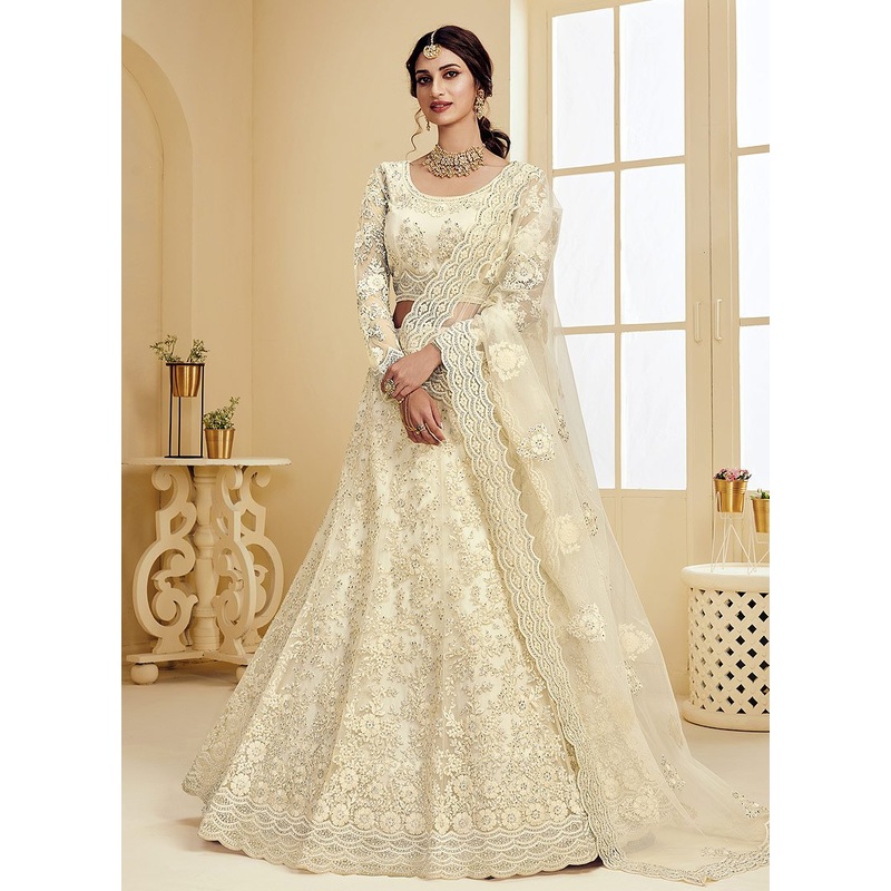 Parchment White Pearl Embroidered Wedding Lehenga Choli