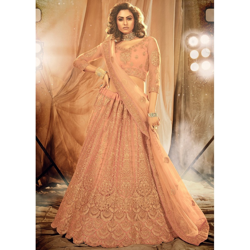 Peach Bridal Embroidered Net Lehenga Choli