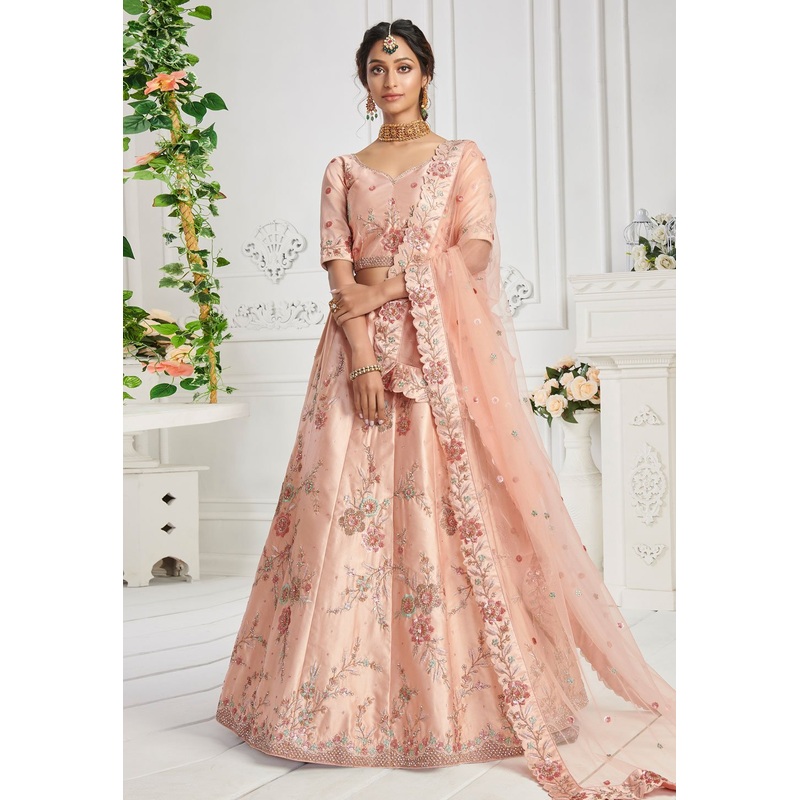 Peach Elegant Sequins Embroidered Silk Bridal Lehenga Choli
