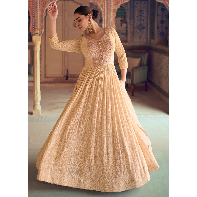 Peach Heavy Chikankari Embroidered Wedding Anarkali Gown