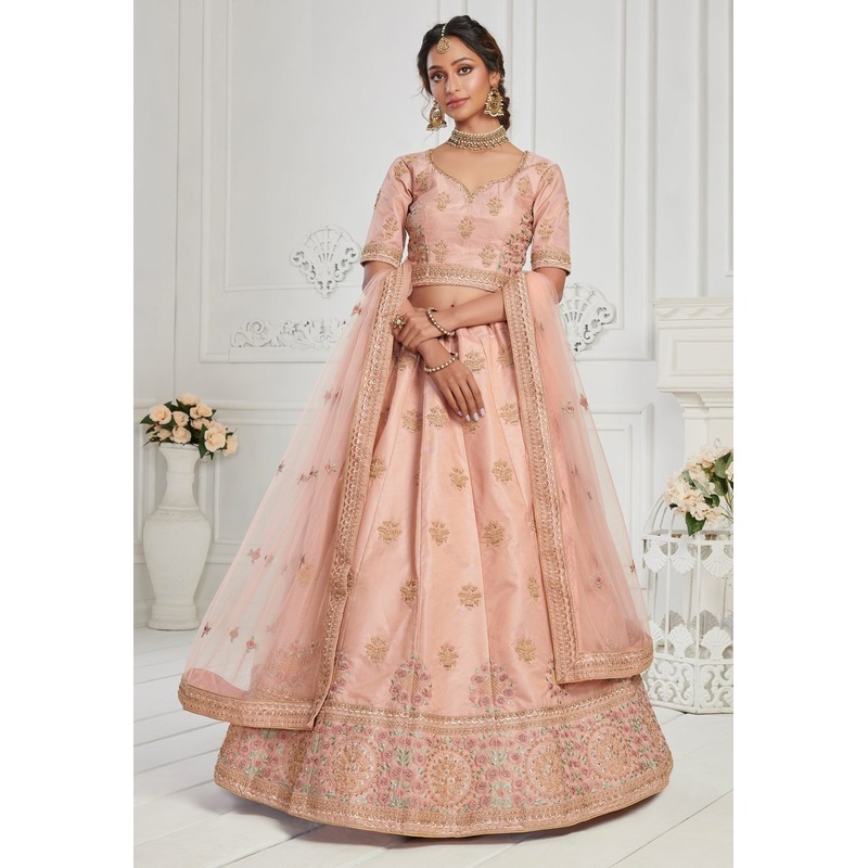 Peachy Pink Sequins Embroidered Silk Bridal Lehenga Choli
