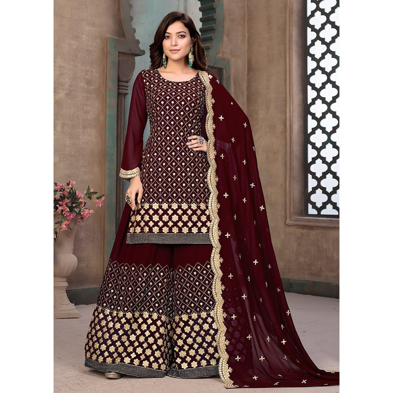Peerless Maroon Gota Patti Embroidered Sharara Suit