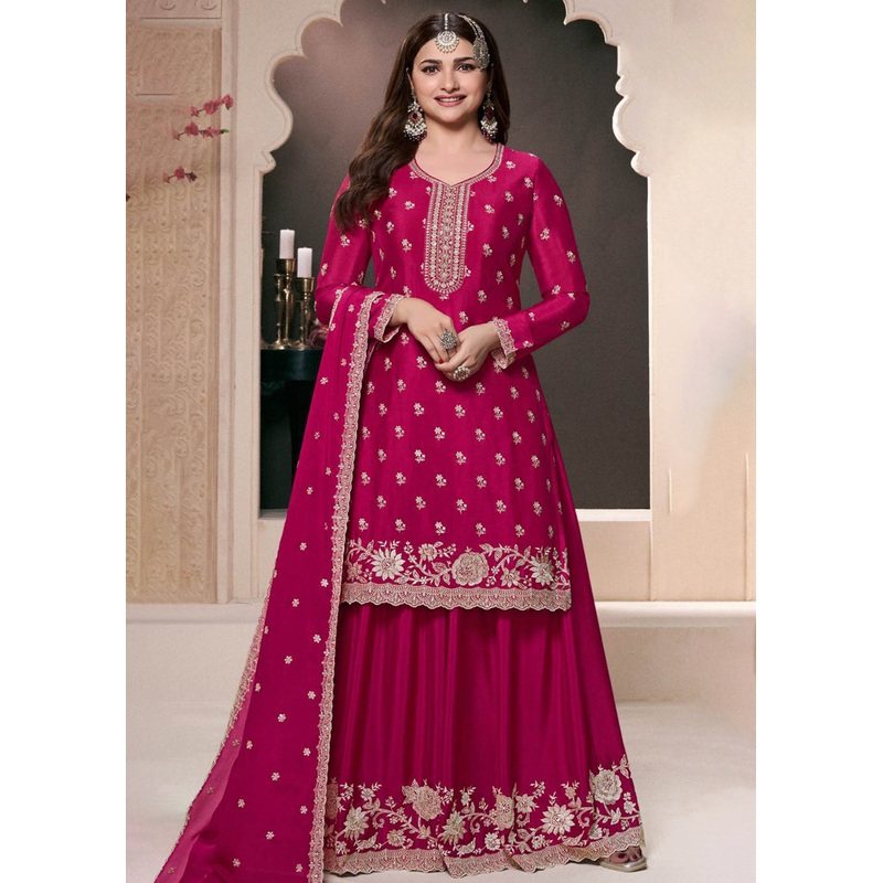 Pink Designer Thread Embroidered Wedding Sharara Suit