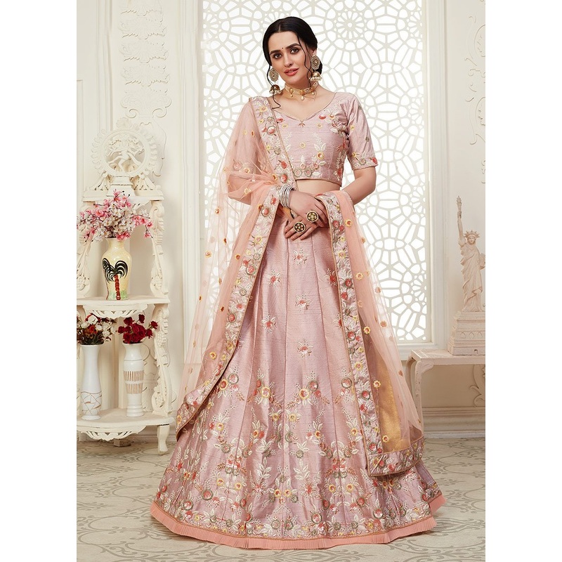 Pink Frilled Embroidered Art Silk Lehenga Choli