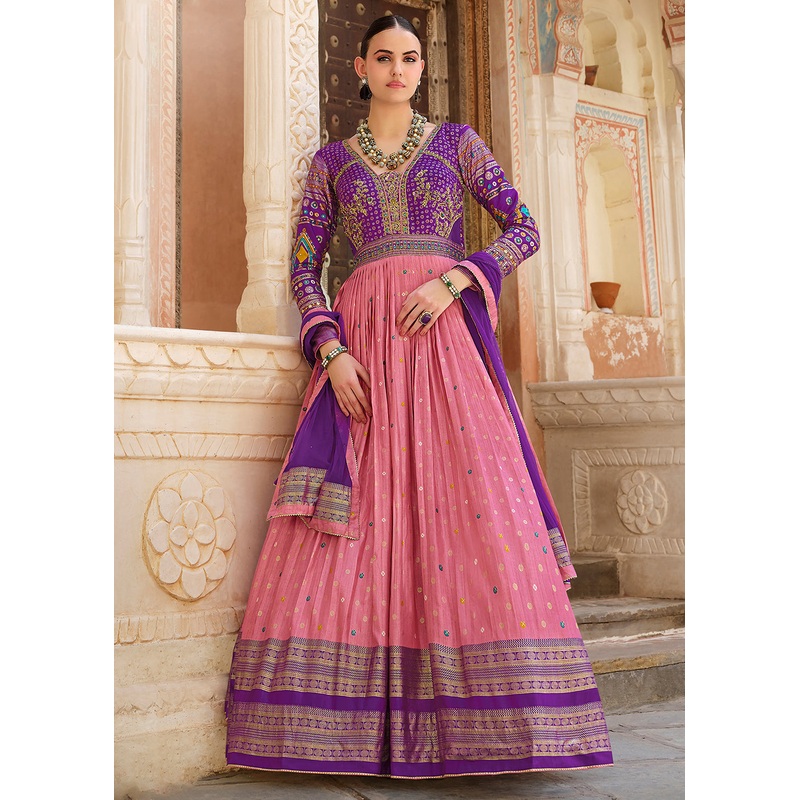 Pink & Purple Silk Foil Printed & Embroidered Traditional Gown