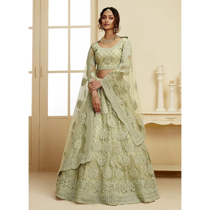 Pistachio Green Pearl Embroidered Wedding Lehenga Choli