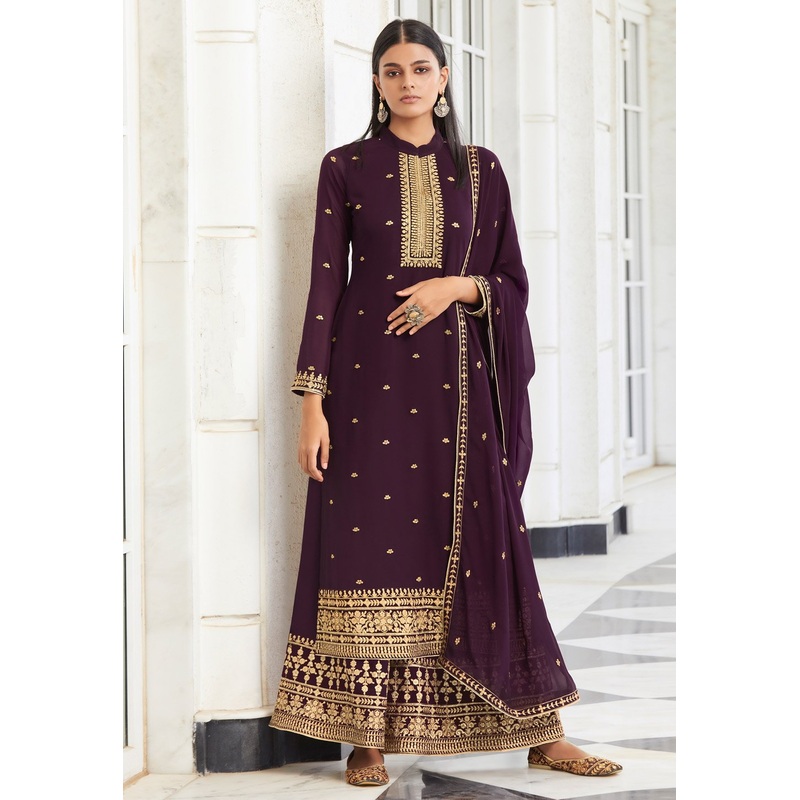 Plum Wine Zari Embroidered Flared Palazzo Suit