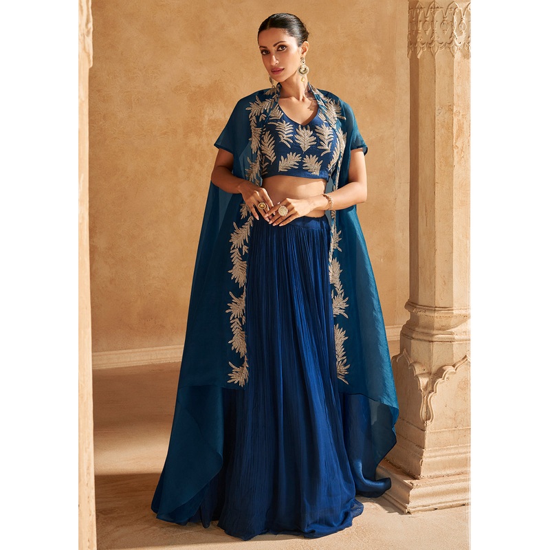 Premium Blue Embroidered Chinnon Designer Lehenga Choli