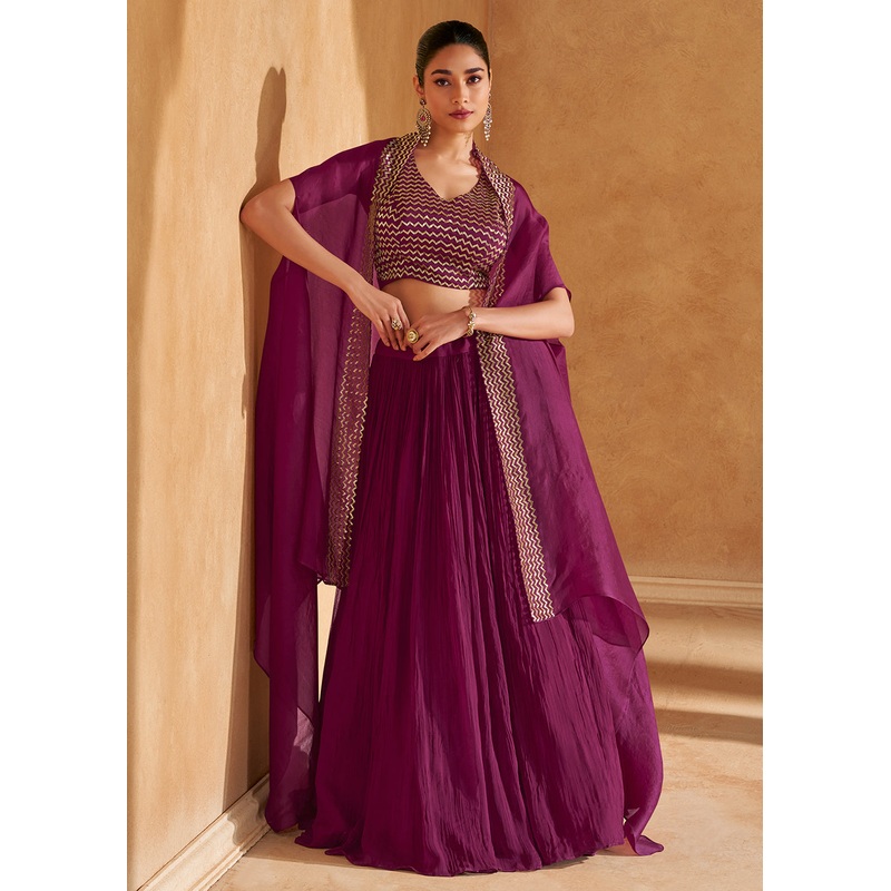 Premium Wine Embroidered Chinnon Designer Lehenga Choli