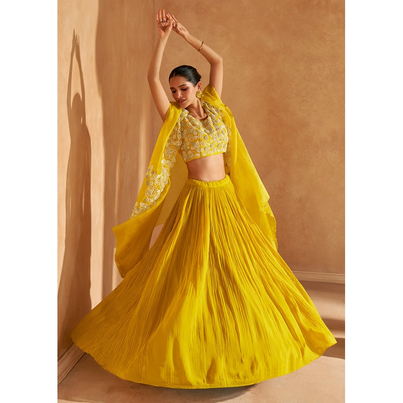 Premium Yellow Embroidered Chinnon Designer Lehenga Choli