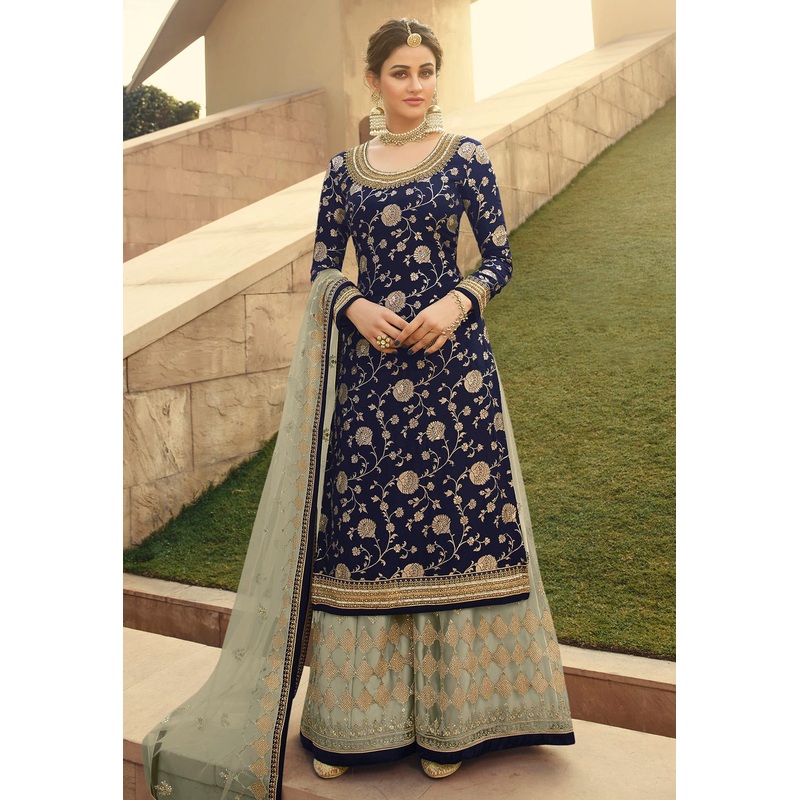 Prime Blue Jacquard Silk Embroidered Palazzo Suit