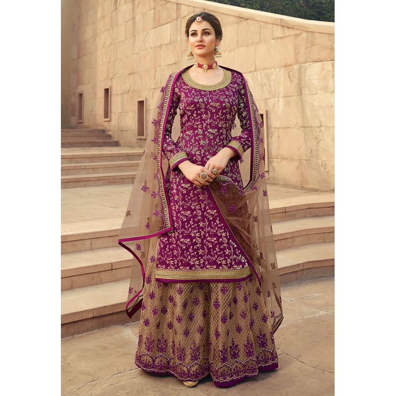 Pristine Wine Jacquard Silk Embroidered Palazzo Suit