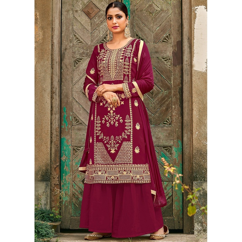 Pure Magenta Designer Georgette Palazzo Suit