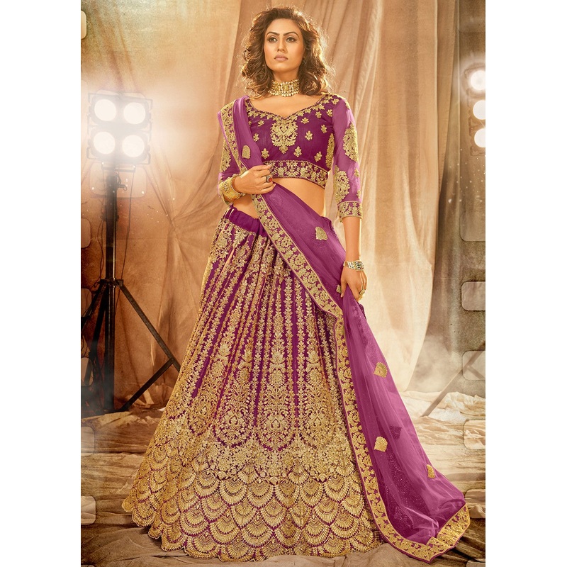 Purple Bridal Embroidered Net Lehenga Choli