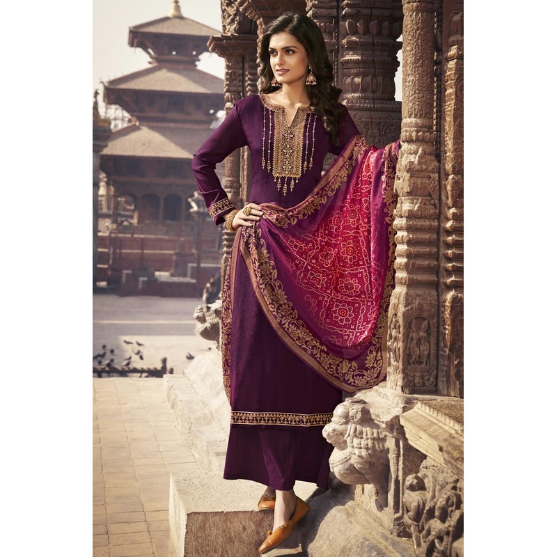 Purple Chiffon Embroidered Festive Palazzo Suit