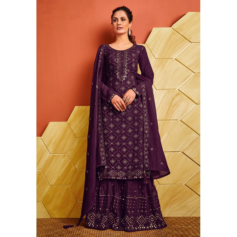 Purple Chinnon Sequins Embroidered Palazzo Suit