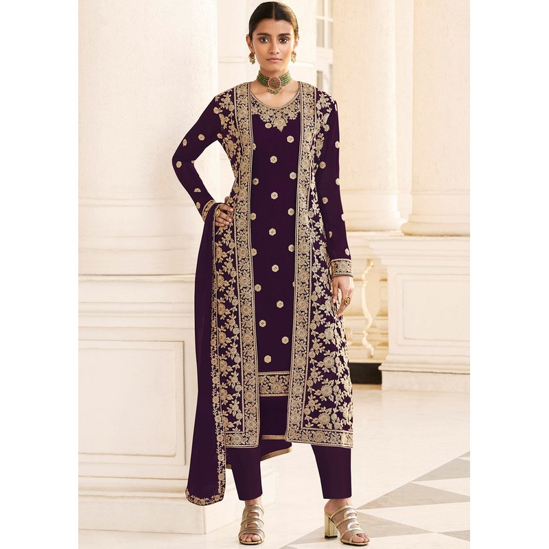 Purple Designer Georgette Embroidered Jacket Style Suit