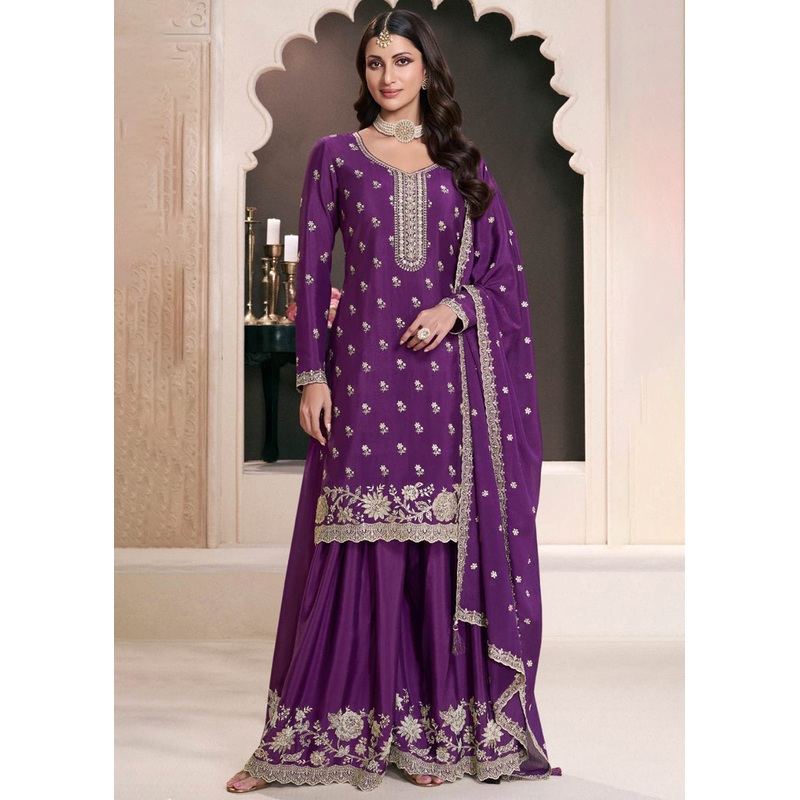 Purple Designer Thread Embroidered Wedding Sharara Suit