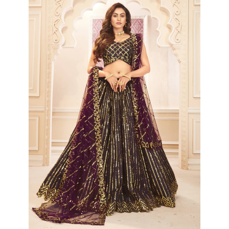 Purple & Golden Sequins Embroidered Wedding Lehenga Choli