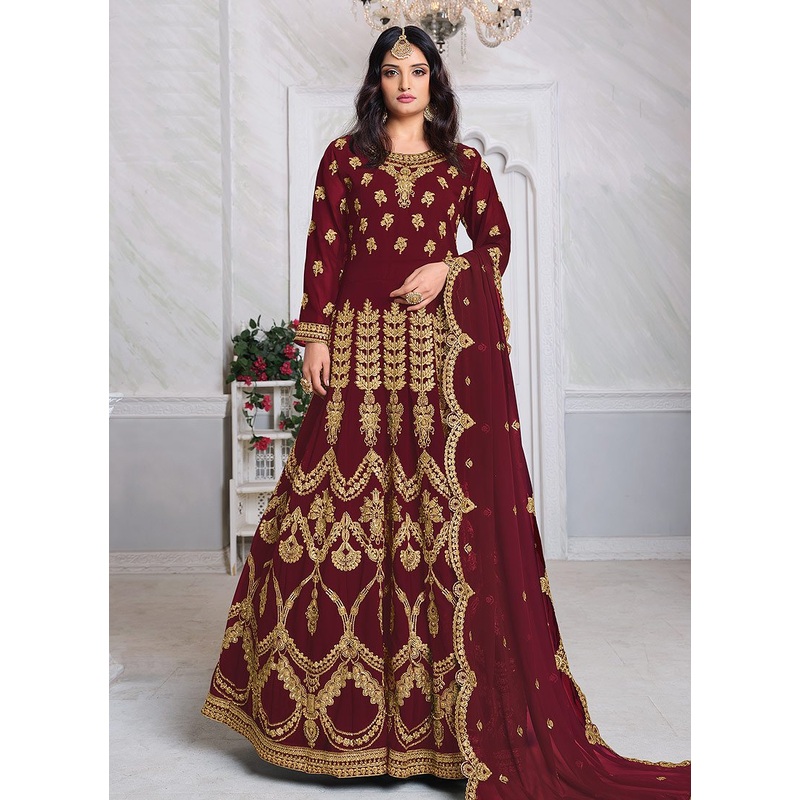 Red Abaya Style Embroidered Anarkali Suit