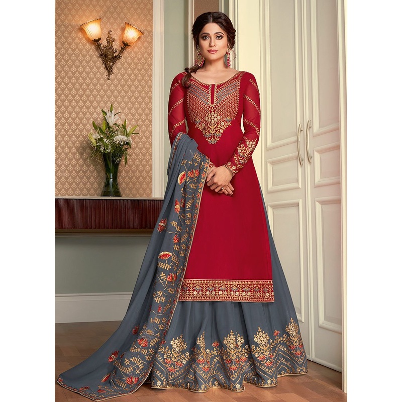 Red Lehenga Suit featuring Shamita Shetty