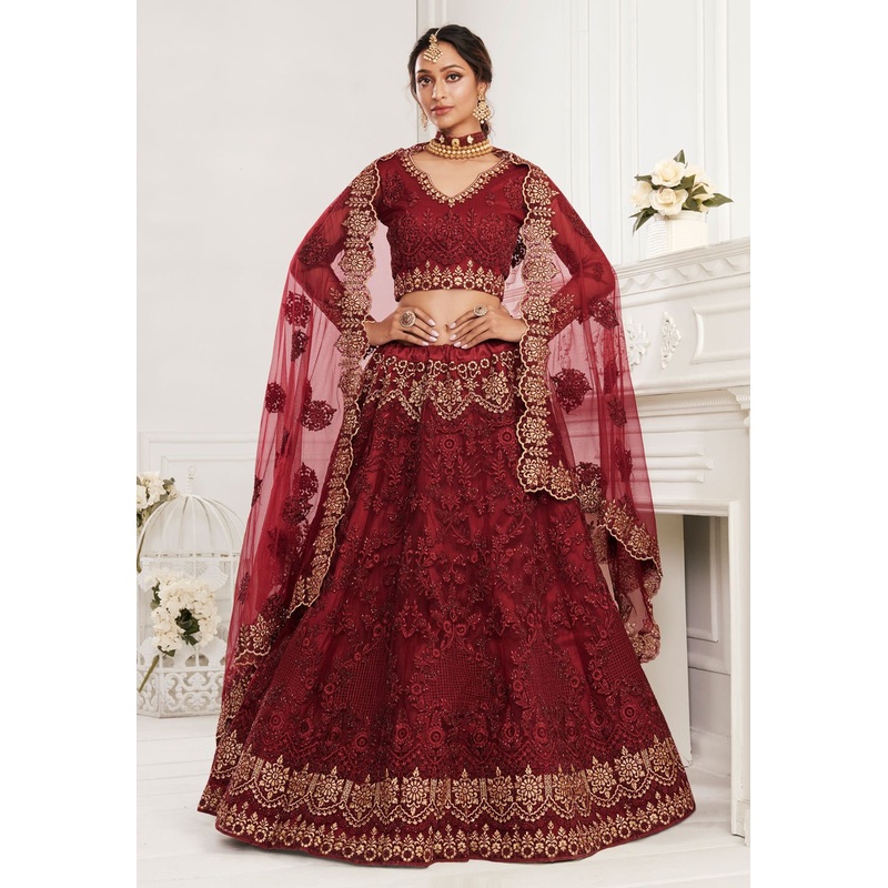 Red Net Embroidered Wedding Lehenga Choli