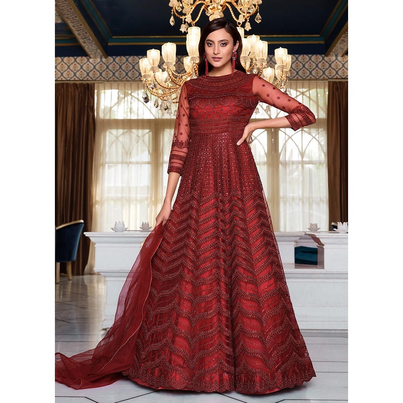 Red Sequins Embroidered Floor Length Anarkali Suit