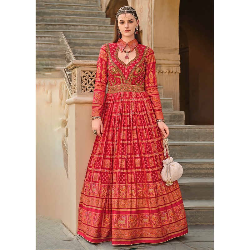 Rust Red Silk Foil Printed & Embroidered Traditional Gown