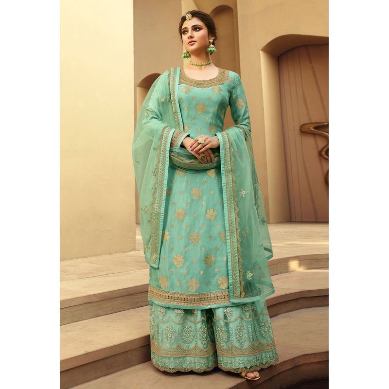 Sea Green Jacquard Silk Embroidered Palazzo Suit