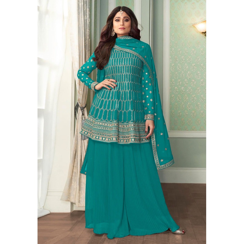 Shamita Shetty Blue Peplon Style Embroidered Palazzo Suit