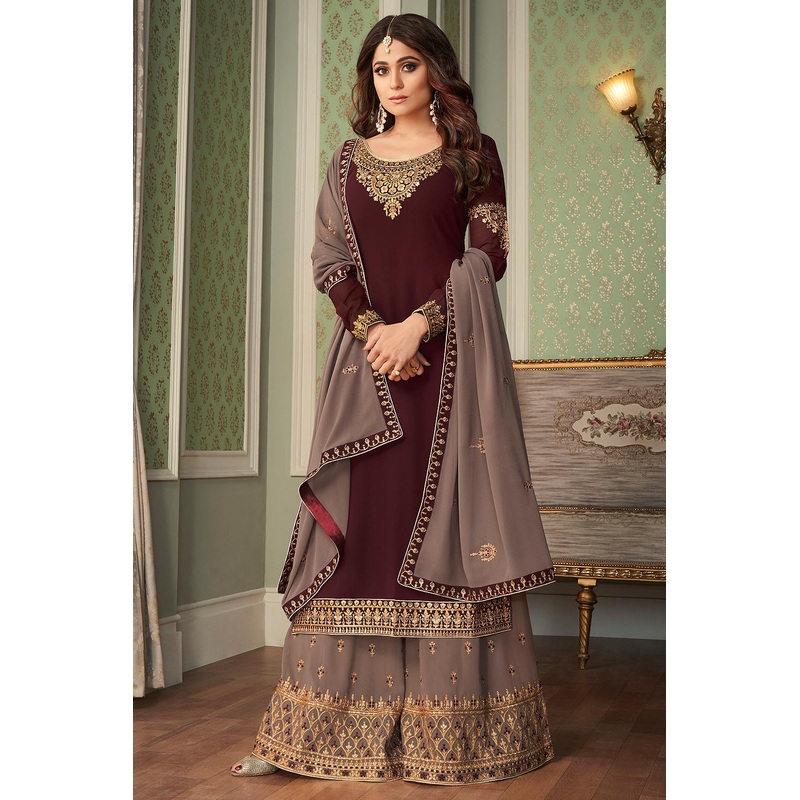 Shamita Shetty Chocolate Brown Georgette Palazzo Suit