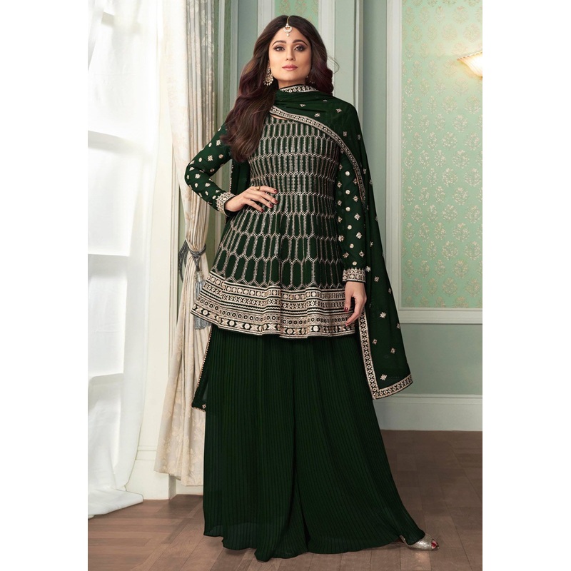 Shamita Shetty Dark Green Peplon Style Embroidered Palazzo Suit