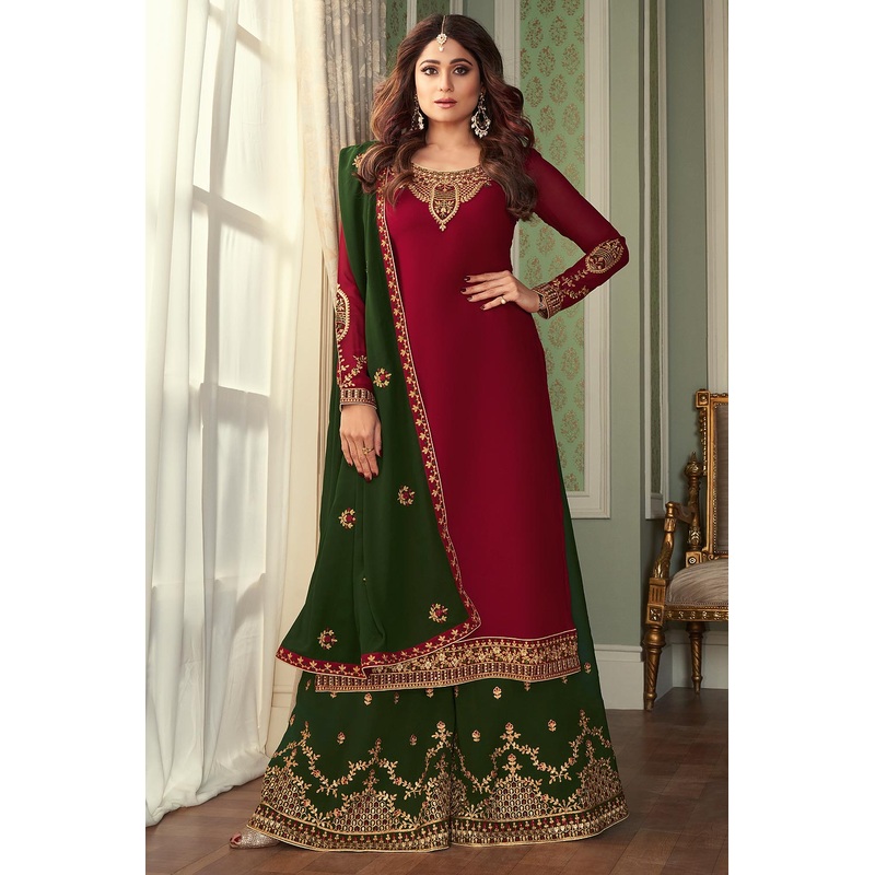 Shamita Shetty Maroon & Green Georgette Palazzo Suit