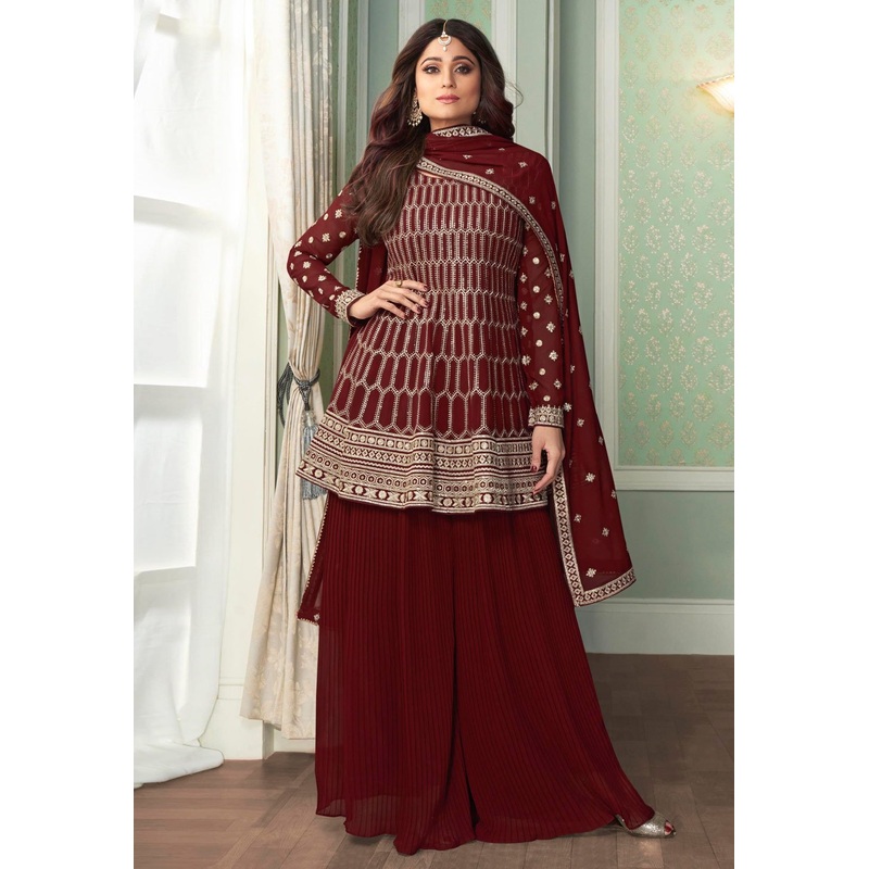 Shamita Shetty Maroon Peplon Style Embroidered Palazzo Suit